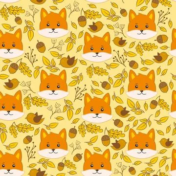 Vector pattern with fox, leaves, acorns Vector autumn wallpaper. Illustrazione stock