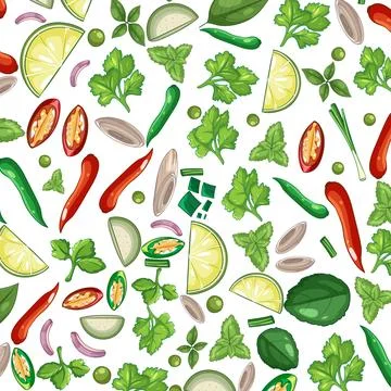 Vector Pattern of Fresh Thai Cuisine Ingredients and Herbs イラスト素材