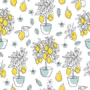 Vector pattern . Fruits, flowers and trees in pots. Illustrazione stock