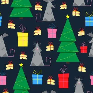 Vector pattern with funny mouses or rats with Christmas tree, gifts. Stock Illustration