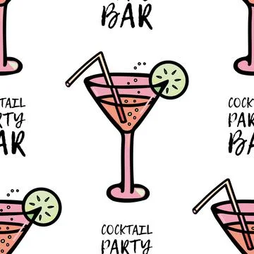 Vector pattern of a glass with a cocktail, bubbles and a slice of lemon, a straw Stock Illustration