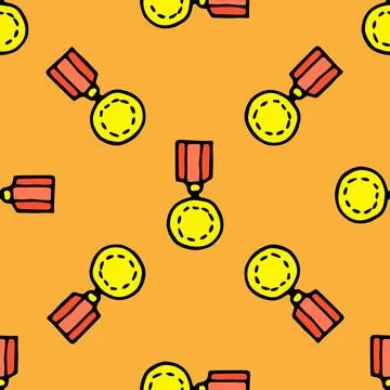 Vector pattern of a gold medal on a red ribbon in a flat style. The seamless Stock Illustration