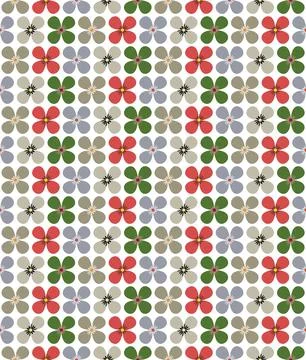 Vector pattern of green, red, gray elements resembling flowers, arranged in r 스톡 일러스트