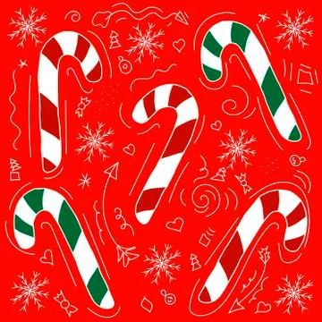 Vector pattern with hand drawn christmas candies on red background. New Year  Stock Illustration