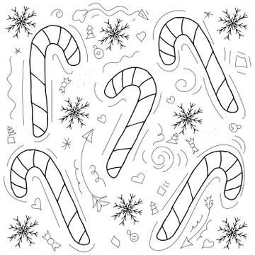 Vector pattern with hand drawn christmas candies on white background with bla Stock Illustration