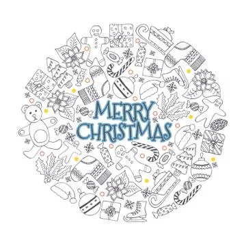 Vector pattern with hand drawn fir trees, gift, bows, christmas toys. Seasonal Illustrazione stock