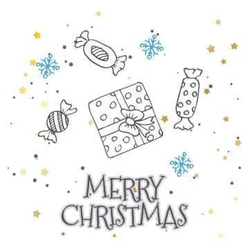 Vector pattern with hand drawn fir trees, gift, bows, christmas toys. Seasonal Stock Illustration