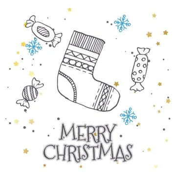 Vector pattern with hand drawn fir trees, gift, bows, christmas toys. Seasonal Illustrazione stock