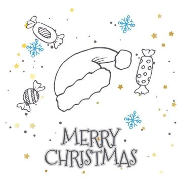 Vector pattern with hand drawn fir trees, gift, bows, christmas toys. Seasonal Stock Illustration