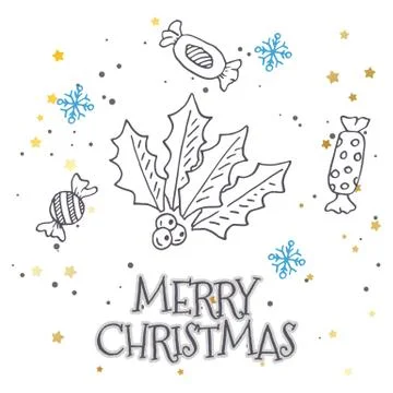 Vector pattern with hand drawn fir trees, gift, bows, christmas toys. Seasonal Stock Illustration