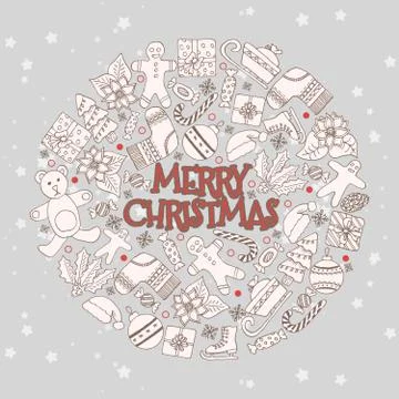 Vector pattern with hand drawn fir trees, gift, bows, christmas toys. Seasonal 스톡 일러스트
