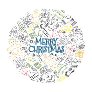 Vector pattern with hand drawn fir trees, gift, bows, christmas toys. Seasonal Stock Illustration