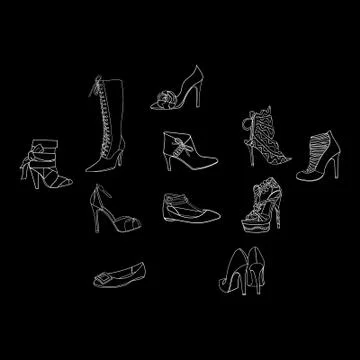 Vector pattern with hand drawn shoes on black color. Stock Illustration