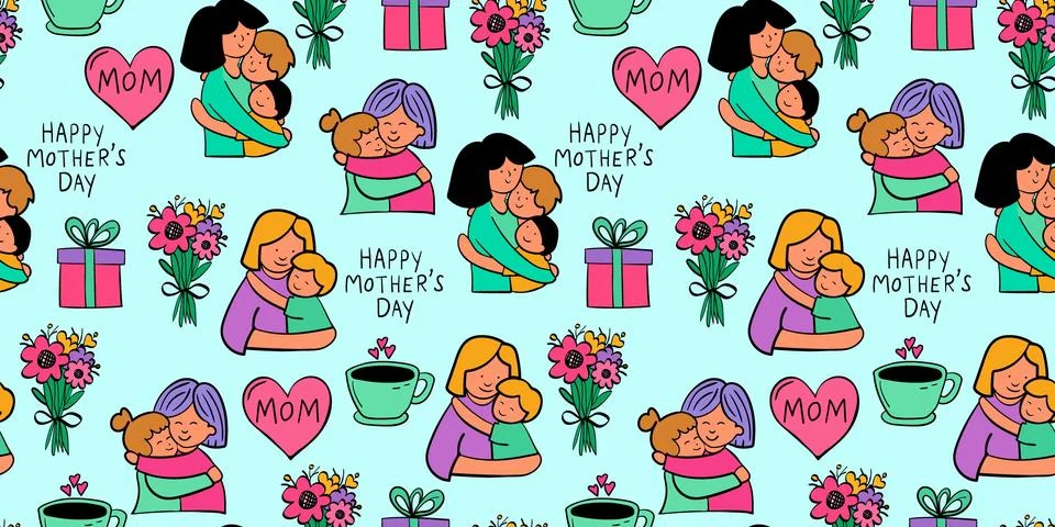 Vector pattern happy mother's day, mothers hugging with children Stock Illustration