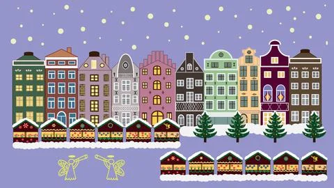 Vector pattern with houses. Picture on blue, brown and neutral colors. Illustrazione stock