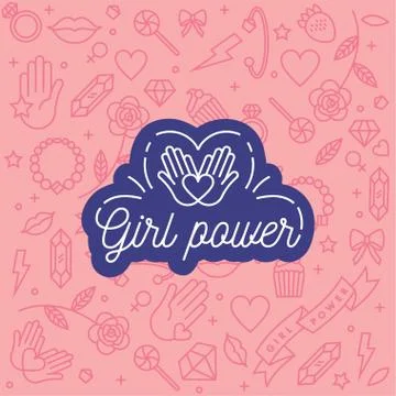 Vector pattern with icon and hand-lettering phrases related to girl power and Stock Illustration