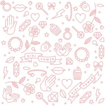Vector pattern with icon and hand-lettering phrases related to girl power and Stock Illustration