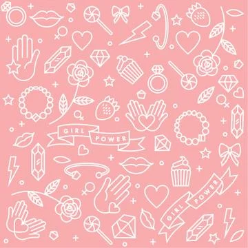 Vector pattern with icon and hand-lettering phrases related to girl power and Stock Illustration