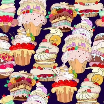Vector Pattern. Illustration of fantastic pastries on a dark purple background Stock Illustration