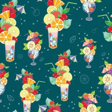 Vector Pattern. Illustration of fantastic summer cocktails on a dark blue 스톡 일러스트