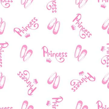 Vector pattern with the inscription Princess, crown and shoes in pink Stock Illustration
