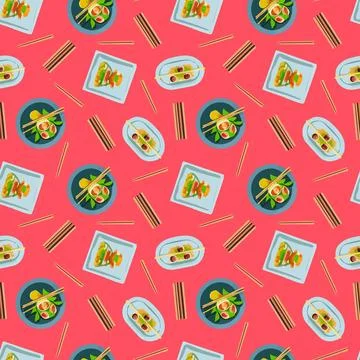 Vector pattern with Japanese food, ramen soup in cartoon style. Stock Illustration