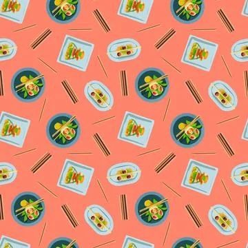 Vector pattern with Japanese food, ramen soup in cartoon style. Stock Illustration