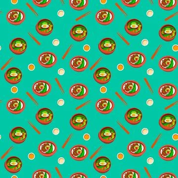 Vector pattern with Japanese food, ramen soup in cartoon style. Stock Illustration
