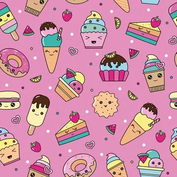 Vector pattern of kawaii dessert, sweet and dessert doodle. Pattern wiht cute Illustrazione stock