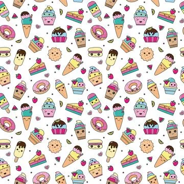 Vector pattern of kawaii dessert, sweet and dessert doodle. Pattern wiht cute Stock Illustration