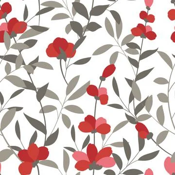 Vector pattern with leaves and red flowers. Improved flat-style texture for d Stock Illustration