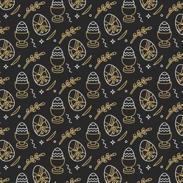 Vector pattern with linear icon flowers and easter decorative eggs on dark gray Stock Illustration