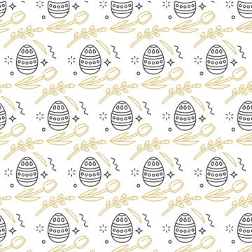 Vector pattern with linear icon flowers and easter decorative eggs on dark gray Stock Illustration