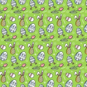 Vector pattern with linear icon flowers and easter decorative eggs on dark gray Stock Illustration