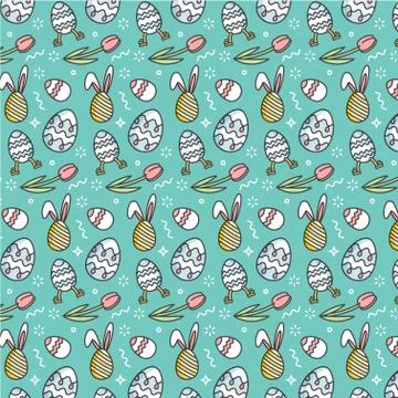 Vector pattern with linear icon flowers and easter decorative eggs on dark gray Stock Illustration