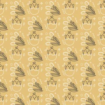 Vector pattern with linear icon flowers and easter decorative eggs on dark gray Stock Illustration