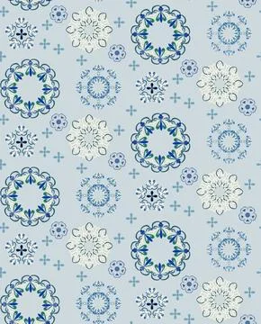 Vector pattern of many swirls, hearts, stylized small flowers on a light blue Stock Illustration