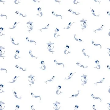 Vector pattern with mermaids in different poses on a white background. Beauti Stock Illustration