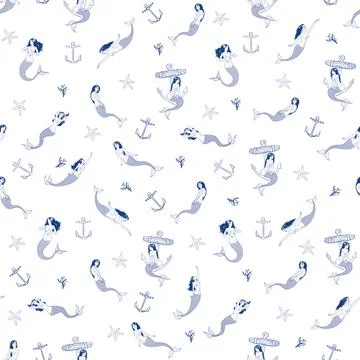 Vector pattern with mermaids in different poses on a white background. Beauti Illustrazione stock