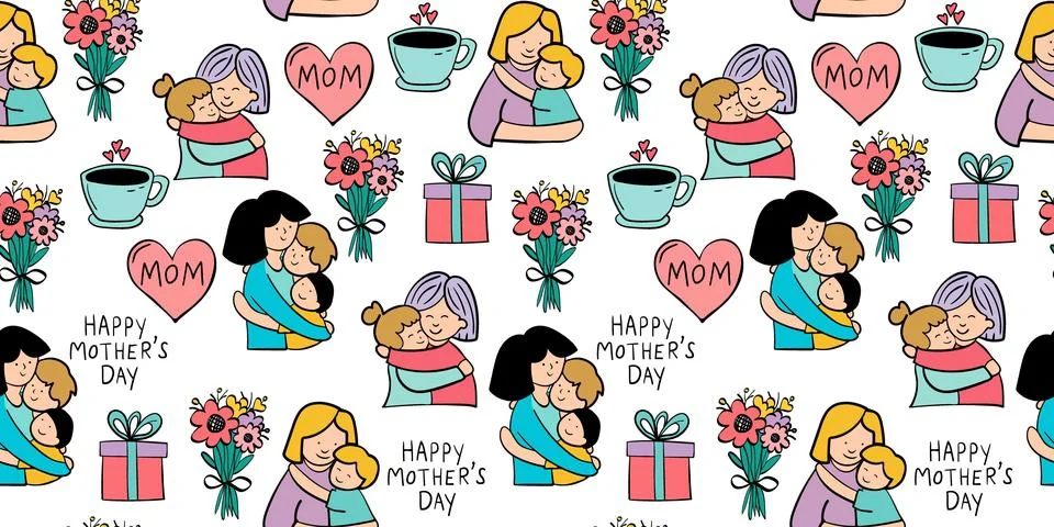 Vector pattern mothers hugging with children sons and daughters. moms hearts Stock Illustration