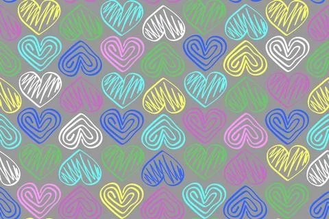 Vector pattern - multicolored hand-drawing hearts on gray background Stock Illustration