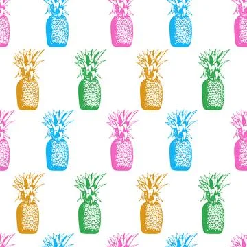 Vector pattern of multicolored sketching pineapples on a white background Stock Illustration