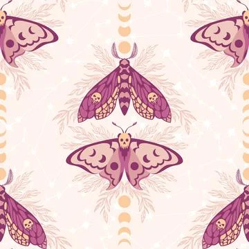 Vector pattern with night moths and moon phases Illustrazione stock