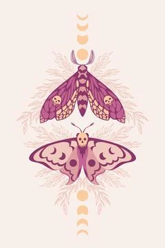 Vector pattern with night moths and flower branches Stock Illustration
