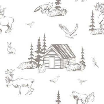 Vector  pattern with  northern hut and animals. イラスト素材