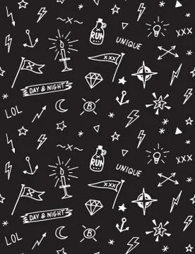 Vector pattern with old school tattoo elements. Black and white Stock Illustration