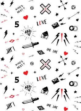 Vector pattern with old school tattoo elements. Black and white Stock Illustration