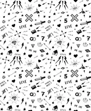 Vector pattern with old school tattoo elements. Black and white Stock Illustration