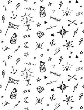 Vector pattern with old school tattoo elements. Black and white Stock Illustration