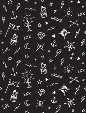 Vector pattern with old school tattoo elements. Black and white Stock Illustration